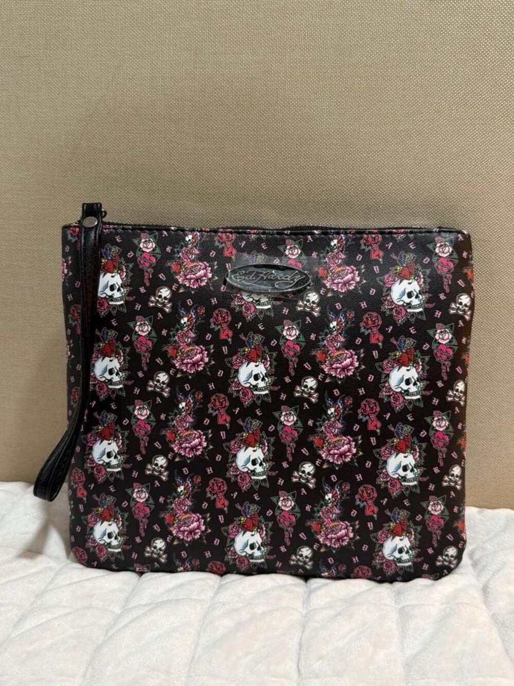 Ed Hardy Vintage Skull and Rose Tattoo Print Wristlet Clutch Bag